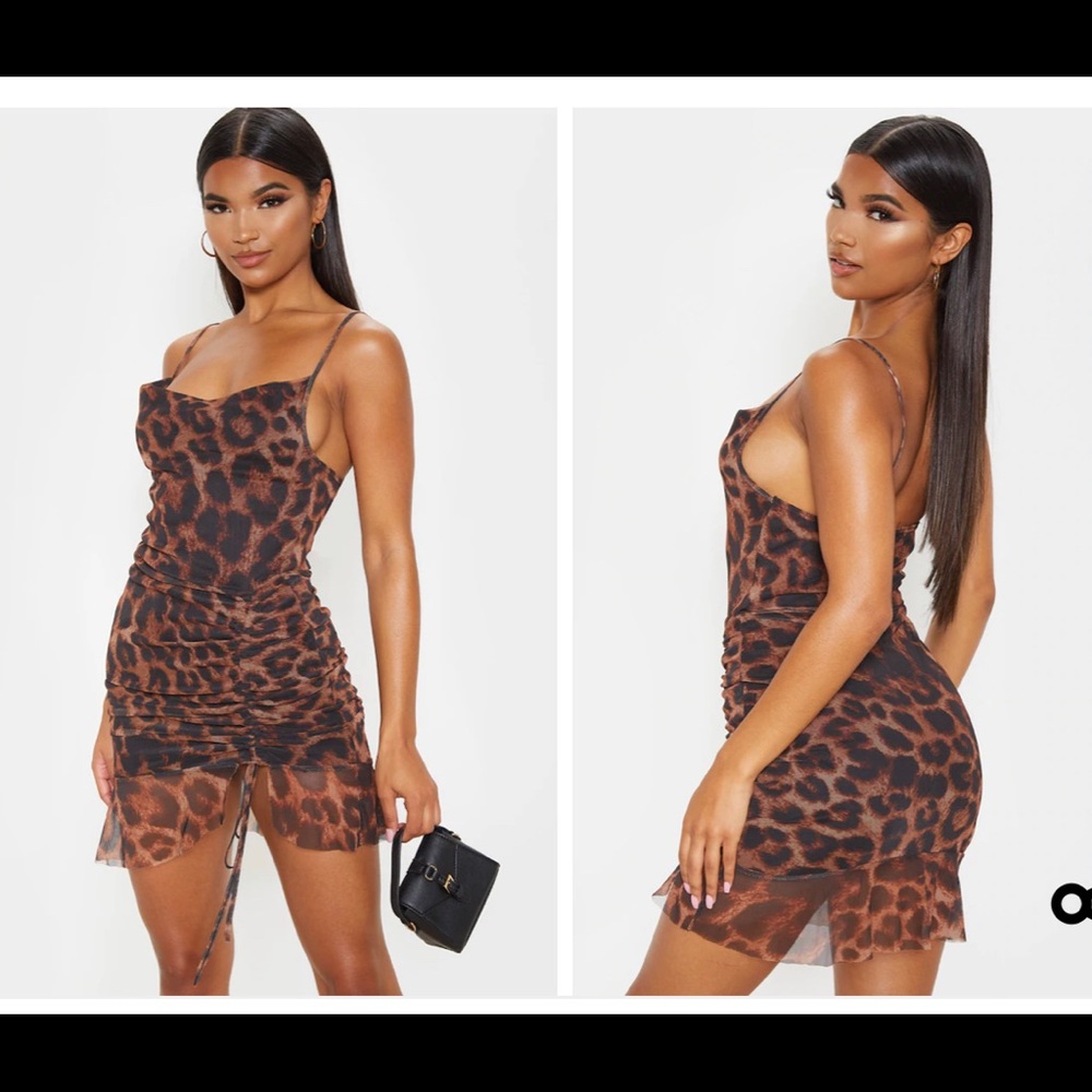 PrettyLittleThing Brown Mesh Leopard Print Ruched Bodycon Dress